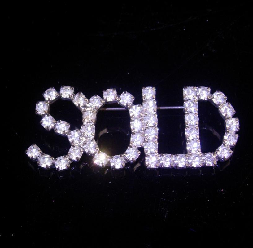 Vintage SOLD pin / silver Rhinestone Brooch / realtor pin / Real Estate Sales / Birthday gift / salesman pin / housewarming gift