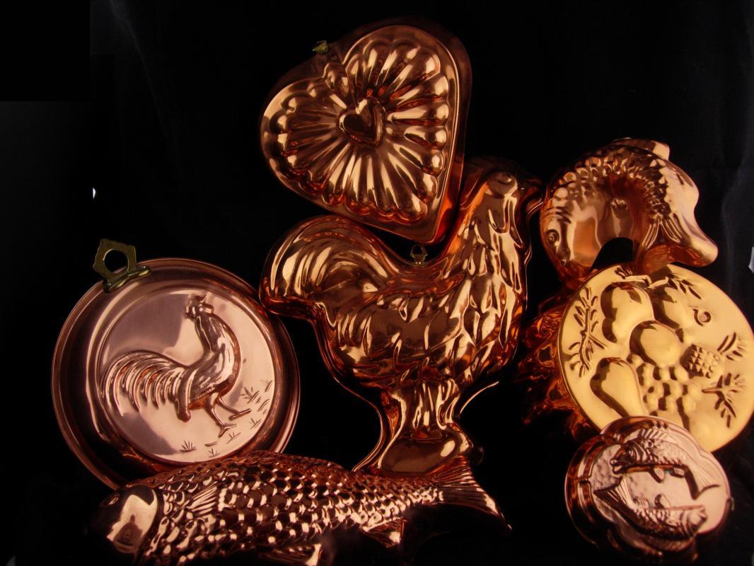13pc Vintage Jello mold lot - copper food molds - Roosters - valentines - heart molds - pineapple - copper fish - forget me not - cook gift