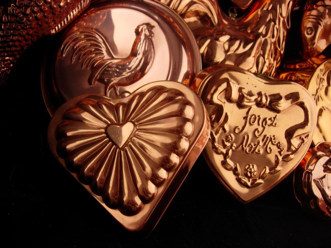 13pc Vintage Jello mold lot - copper food molds - Roosters - valentines - heart molds - pineapple - copper fish - forget me not - cook gift