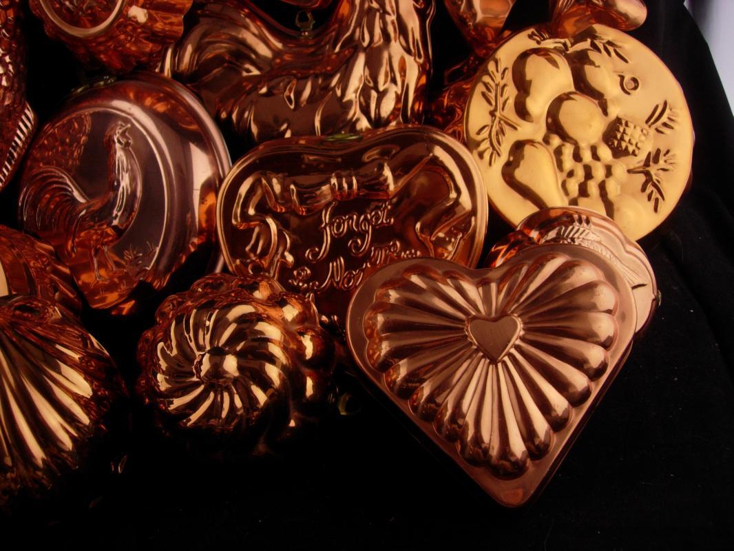 13pc Vintage Jello mold lot - copper food molds - Roosters - valentines - heart molds - pineapple - copper fish - forget me not - cook gift