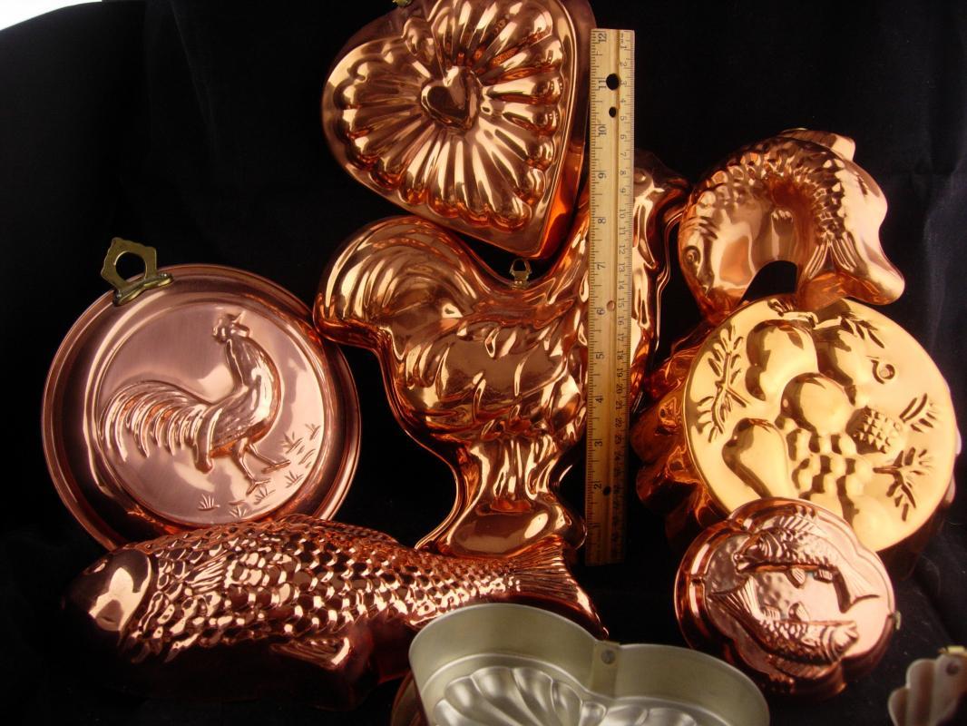 13pc Vintage Jello mold lot - copper food molds - Roosters - valentines - heart molds - pineapple - copper fish - forget me not - cook gift
