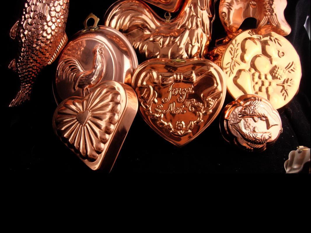 13pc Vintage Jello mold lot - copper food molds - Roosters - valentines - heart molds - pineapple - copper fish - forget me not - cook gift