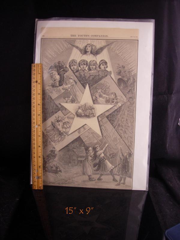 15x9 Antique Victorian angels - December 11 1884 - framable Cherubs - signing angels - perfect for framing - christmas design