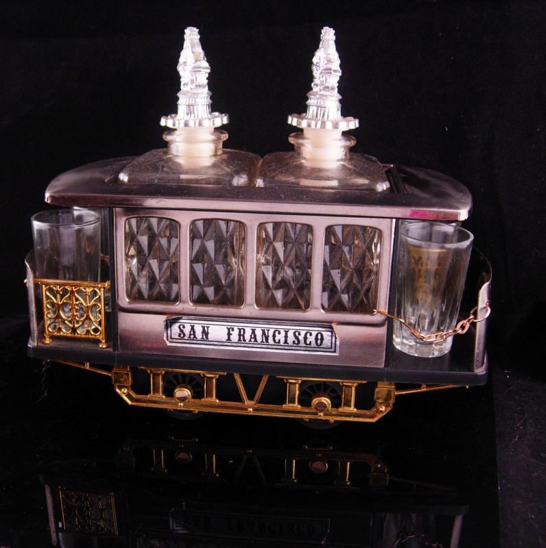 San Francisco Music Box - Trolley car - barware- shot glasses - decantors - Vintage crown Decanter - vintage barware - liquor bottle set