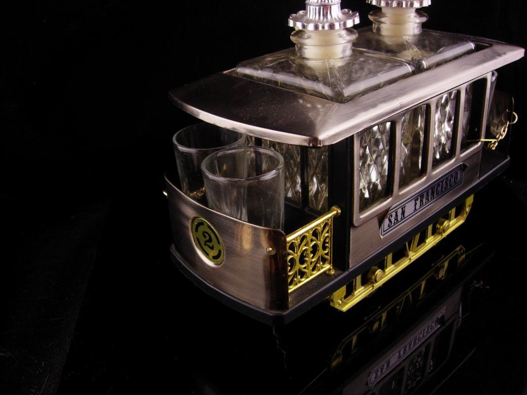 San Francisco Music Box - Trolley car - barware- shot glasses - decantors - Vintage crown Decanter - vintage barware - liquor bottle set
