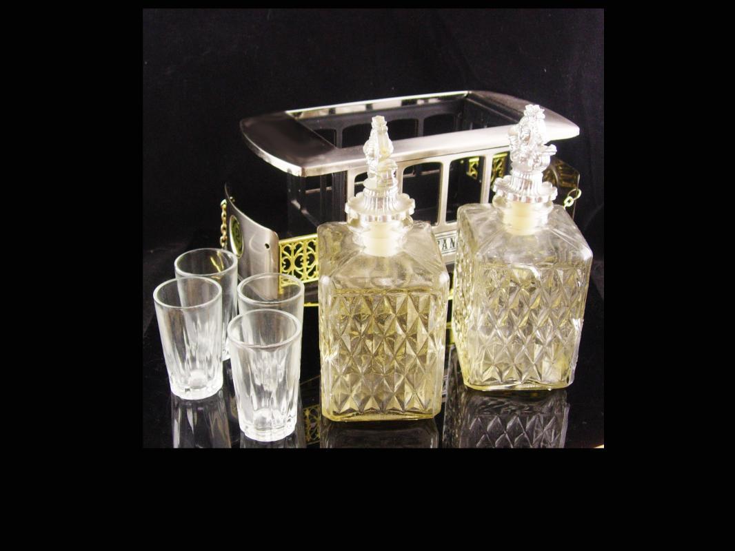 San Francisco Music Box - Trolley car - barware- shot glasses - decantors - Vintage crown Decanter - vintage barware - liquor bottle set