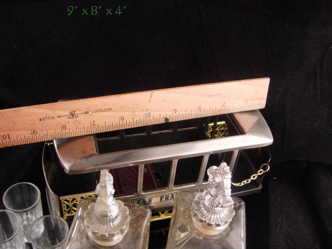 San Francisco Music Box - Trolley car - barware- shot glasses - decantors - Vintage crown Decanter - vintage barware - liquor bottle set