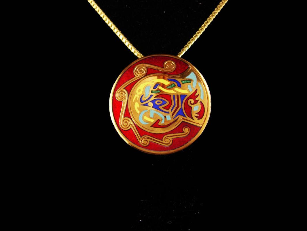 Red Egyptian necklace - Vintage bird Cloisonne Pendant - red gold brooch - beautiful enamel work - 18