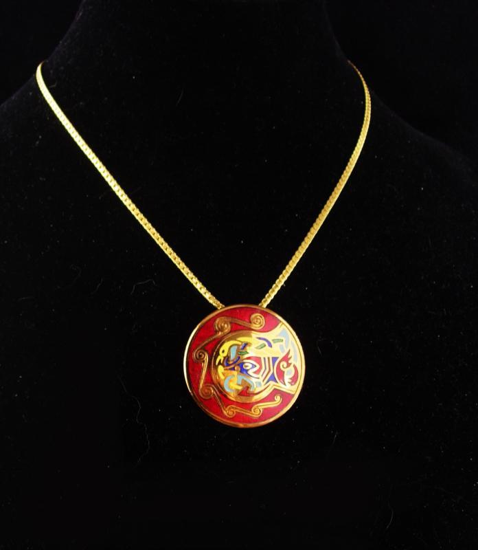 Red Egyptian necklace - Vintage bird Cloisonne Pendant - red gold brooch - beautiful enamel work - 18