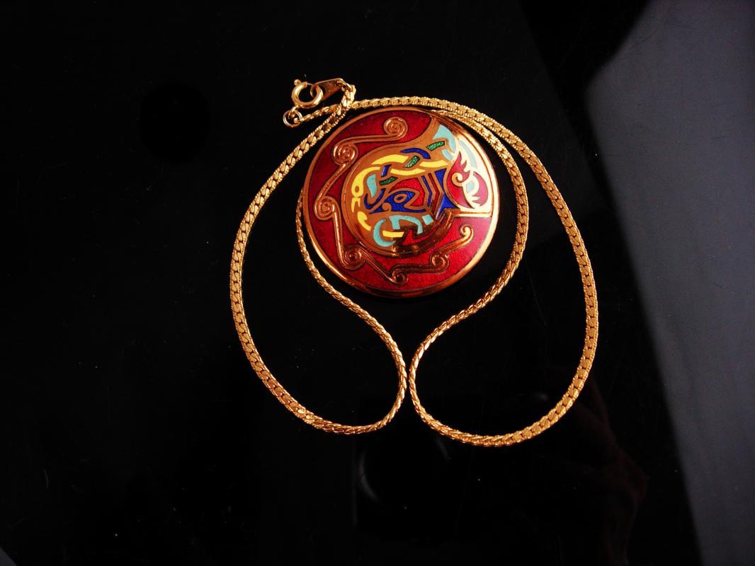 Red Egyptian necklace - Vintage bird Cloisonne Pendant - red gold brooch - beautiful enamel work - 18