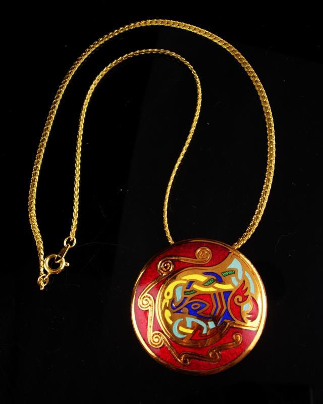 Red Egyptian necklace - Vintage bird Cloisonne Pendant - red gold brooch - beautiful enamel work - 18