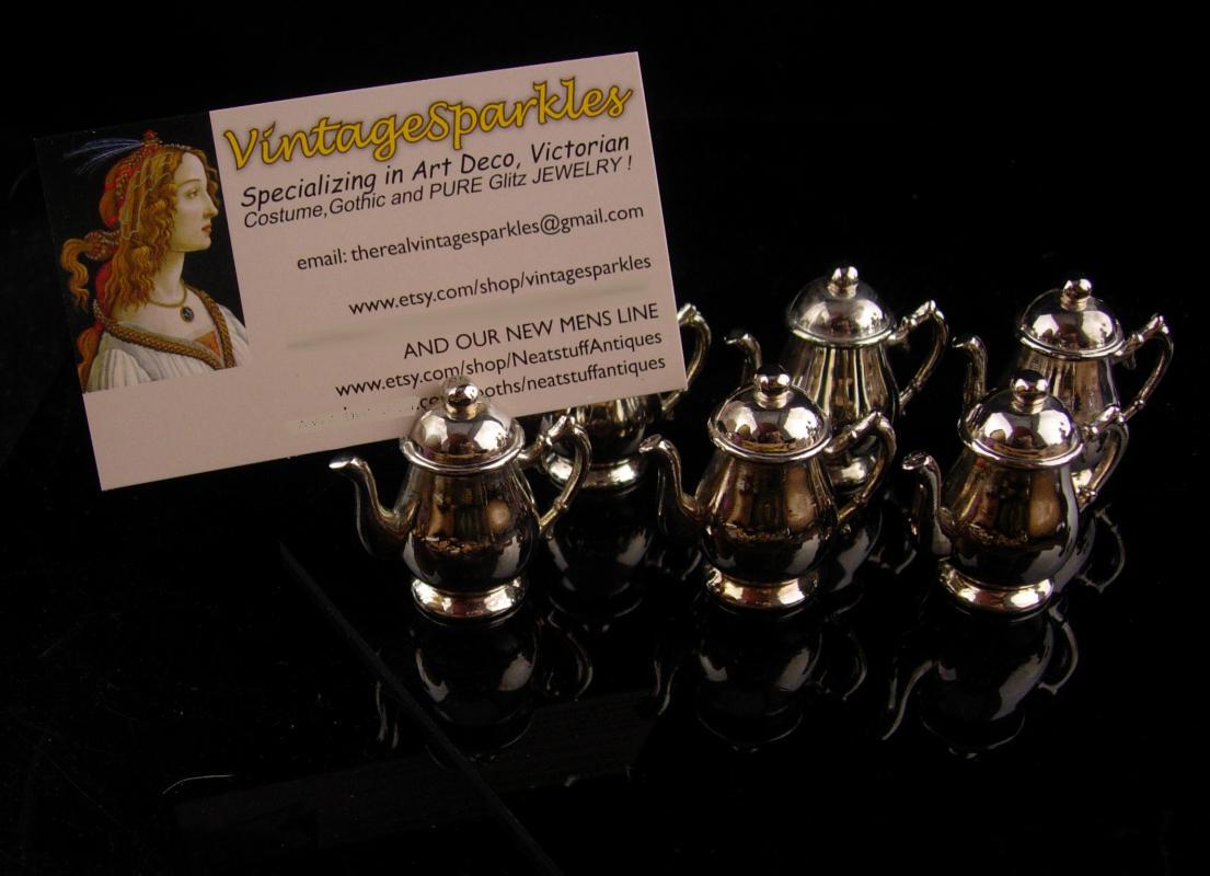 6 Vintage Place Card Holders - silver teapots - victorian tea - business card holder - dinner party accessory