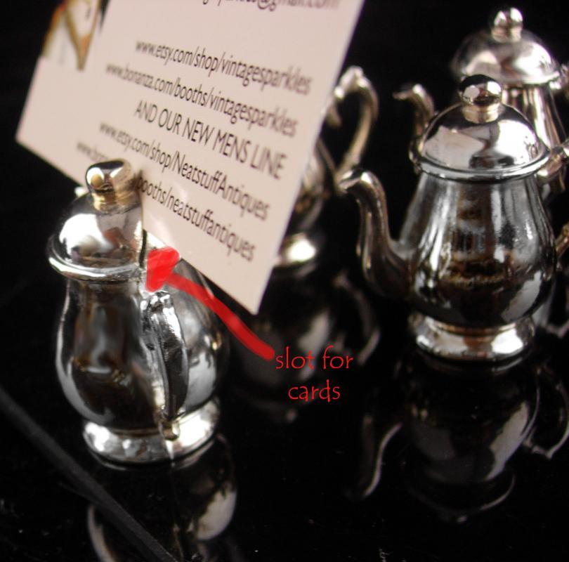 6 Vintage Place Card Holders - silver teapots - victorian tea - business card holder - dinner party accessory
