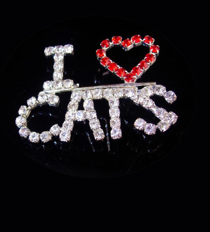 vintage Exotic Cat Brooch - rhinestone pin - I love cats - animal lover gift - gift for vet - gift for her - silver red pin