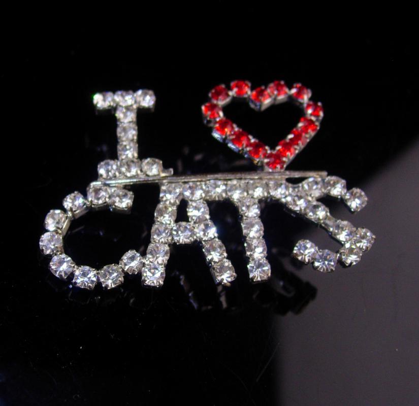vintage Exotic Cat Brooch - rhinestone pin - I love cats - animal lover gift - gift for vet - gift for her - silver red pin