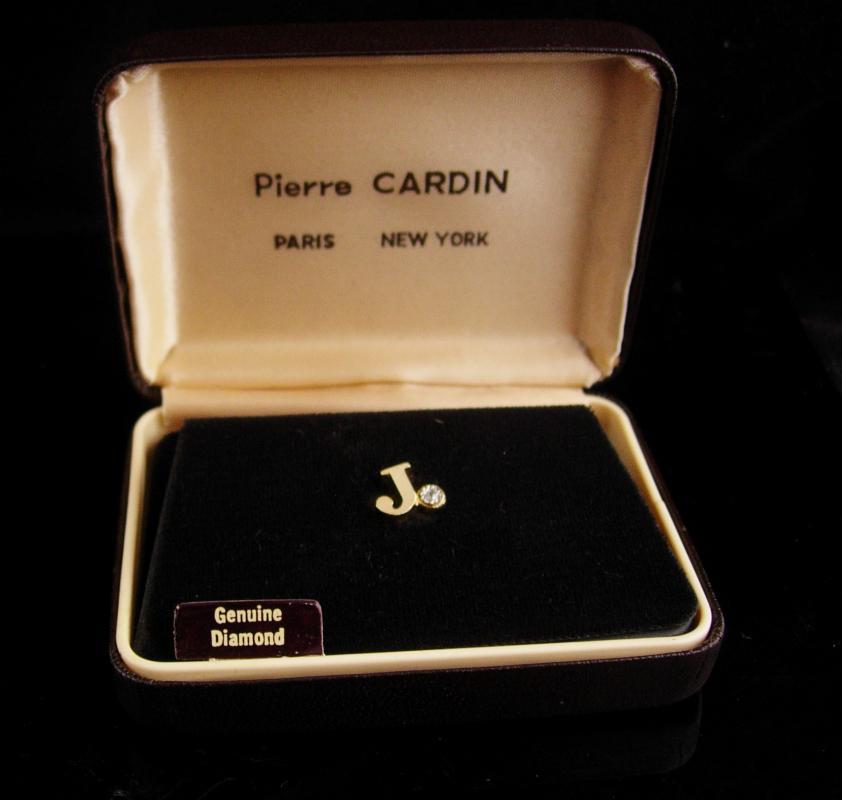 Genuine diamond tie tack - Pierre Cardin - Initial J - personalized letter J - vintage original box - Wedding gift - gold anniversary gift