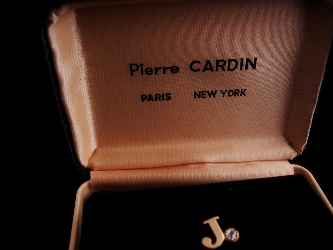 Genuine diamond tie tack - Pierre Cardin - Initial J - personalized letter J - vintage original box - Wedding gift - gold anniversary gift
