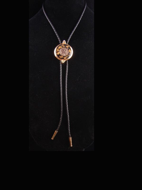 1935 Nickel Bolo / genuine gold flakes - Black Leather - buffalo nickel - Cowboy tie - Indian gift - Rodeo Biker gift -handmade gift