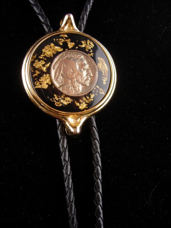 1935 Nickel Bolo / genuine gold flakes - Black Leather - buffalo nickel - Cowboy tie - Indian gift - Rodeo Biker gift -handmade gift