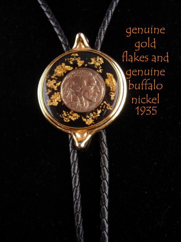 1935 Nickel Bolo / genuine gold flakes - Black Leather - buffalo nickel - Cowboy tie - Indian gift - Rodeo Biker gift -handmade gift