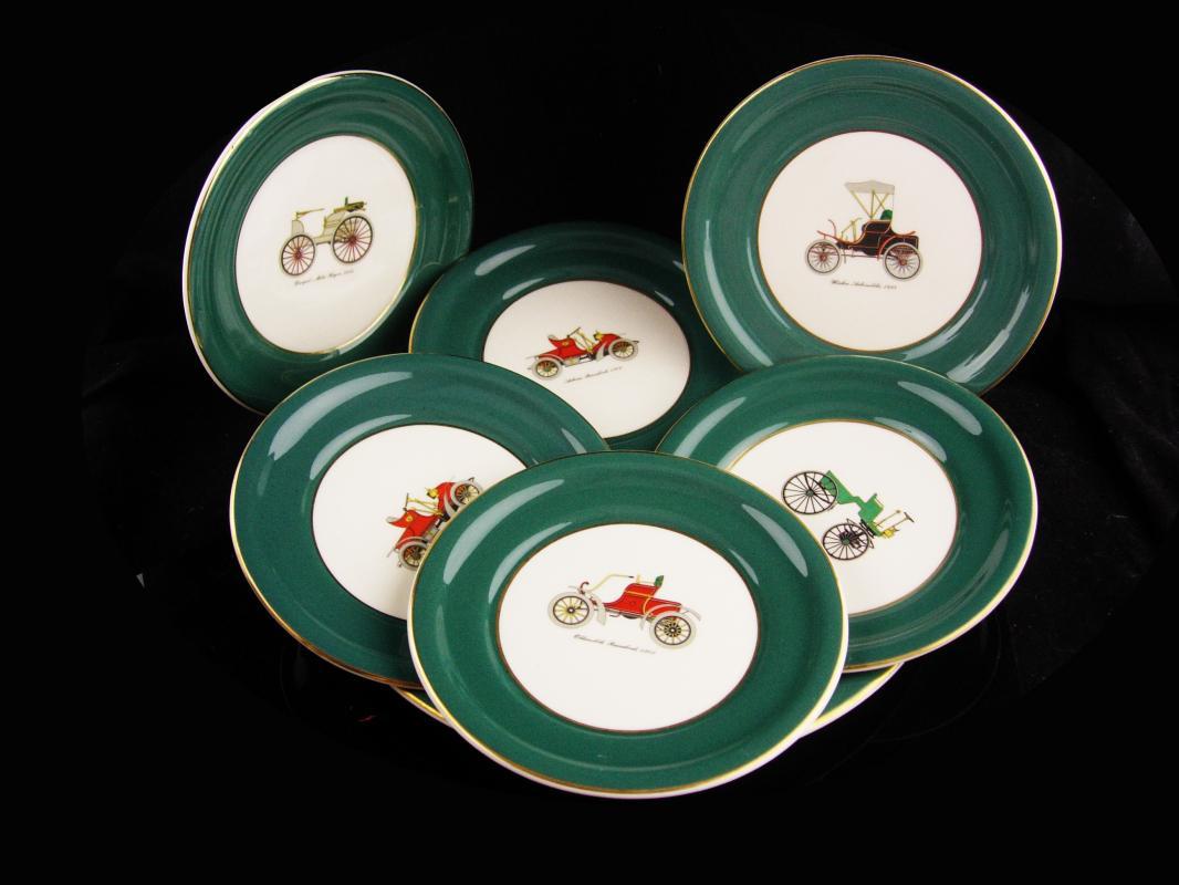 Vintage Antique automobile cake plate set - Vintage Harker car pottery - 22kt gold - Autocar Runabout -selden durea motor wagon - Winton