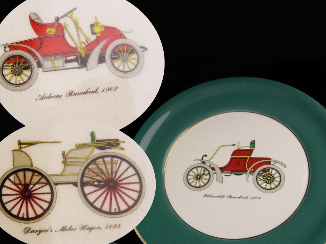 Vintage Antique automobile cake plate set - Vintage Harker car pottery - 22kt gold - Autocar Runabout -selden durea motor wagon - Winton