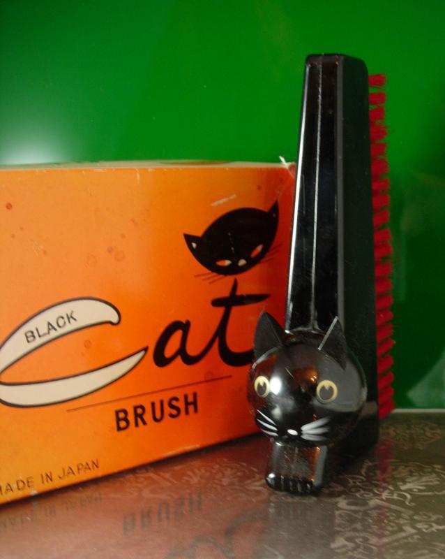 Halloween Cat Brush ORiginal box Spooky Black kitty and Red bristle clothes brush made in Japan