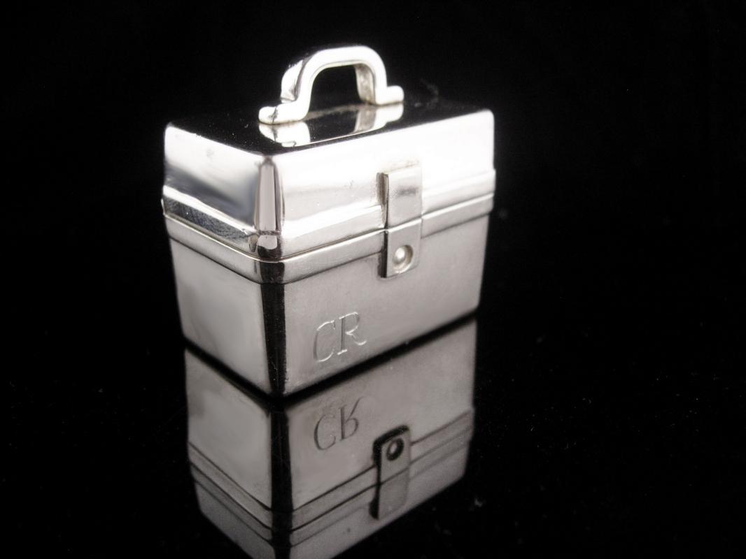 Vintage Sterling Pillbox - miniature luggage purse - carrying case - Hallmarked with handle