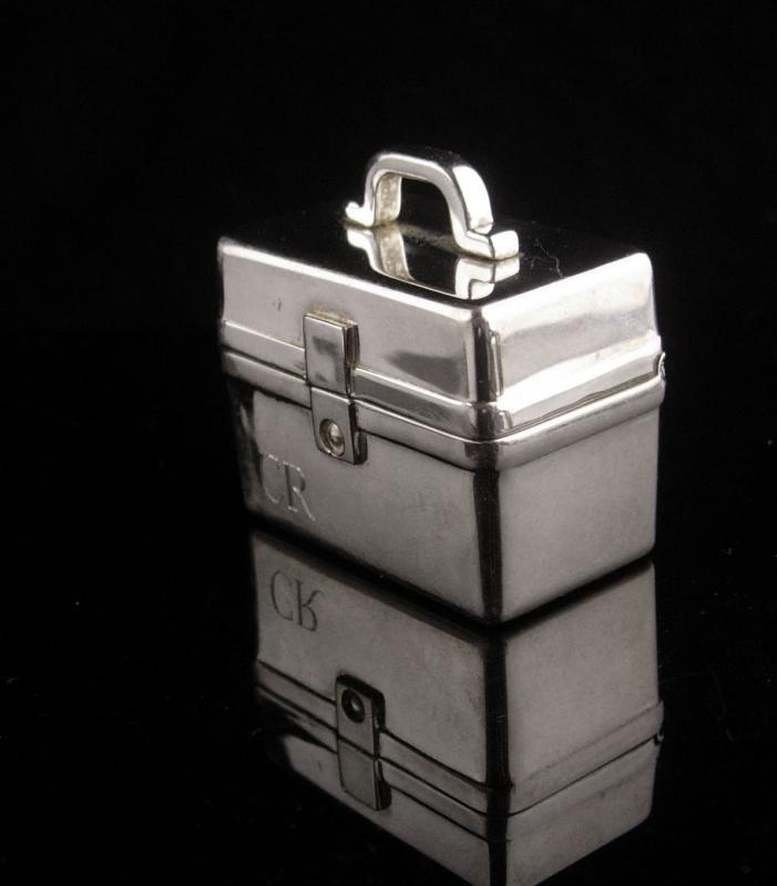 Vintage Sterling Pillbox - miniature luggage purse - carrying case - Hallmarked with handle