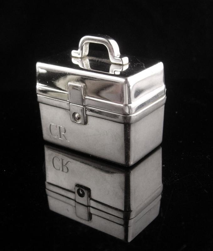 Vintage Sterling Pillbox - miniature luggage purse - carrying case - Hallmarked with handle