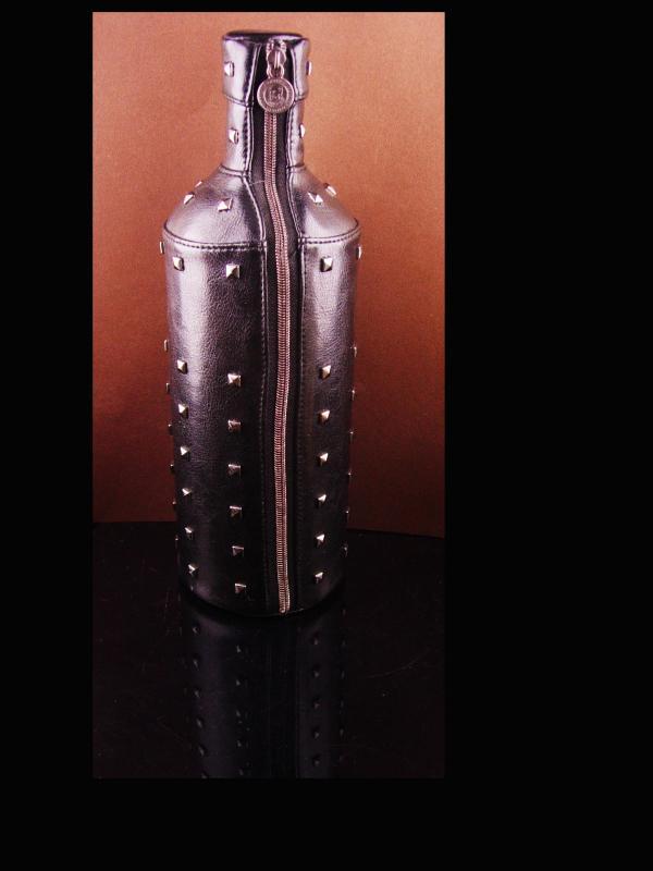 Vintage Leather stud Bottle cover -Absolut zipper black leather - designer Natalia Brilli - S&M gift