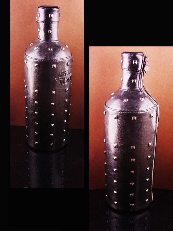 Vintage Leather stud Bottle cover -Absolut zipper black leather - designer Natalia Brilli - S&M gift