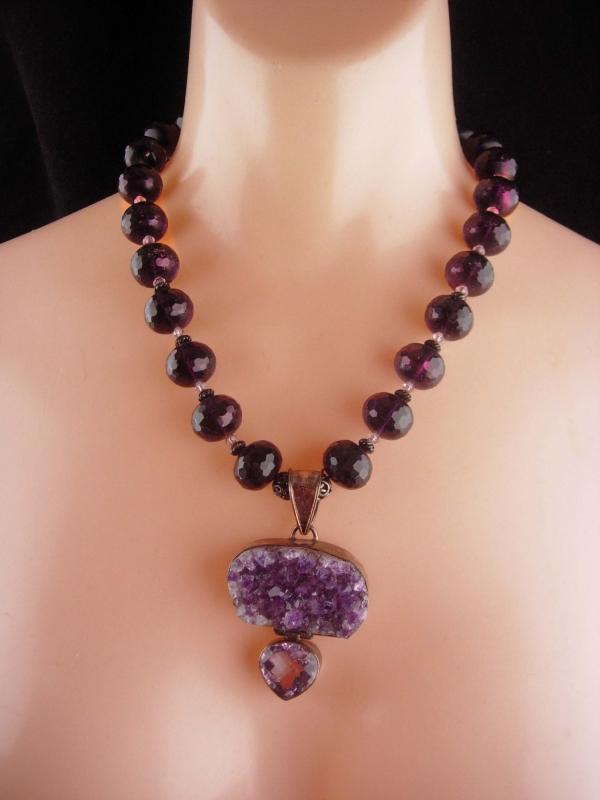 125 CT Amethyst necklace - huge statement heart pendant - ooak - purple faceted beads