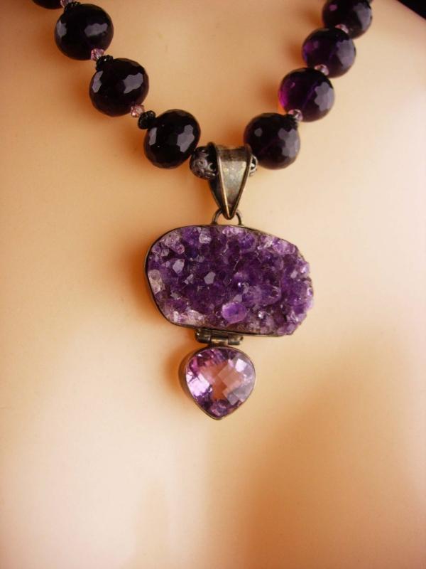 125 CT Amethyst necklace - huge statement heart pendant - ooak - purple faceted beads