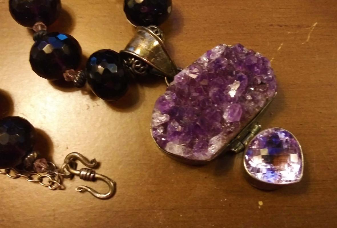 125 CT Amethyst necklace - huge statement heart pendant - ooak - purple faceted beads