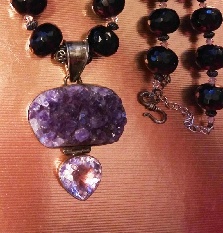 125 CT Amethyst necklace - huge statement heart pendant - ooak - purple faceted beads