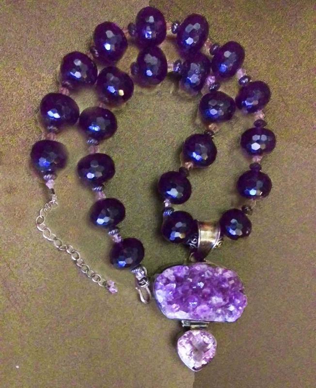 125 CT Amethyst necklace - huge statement heart pendant - ooak - purple faceted beads