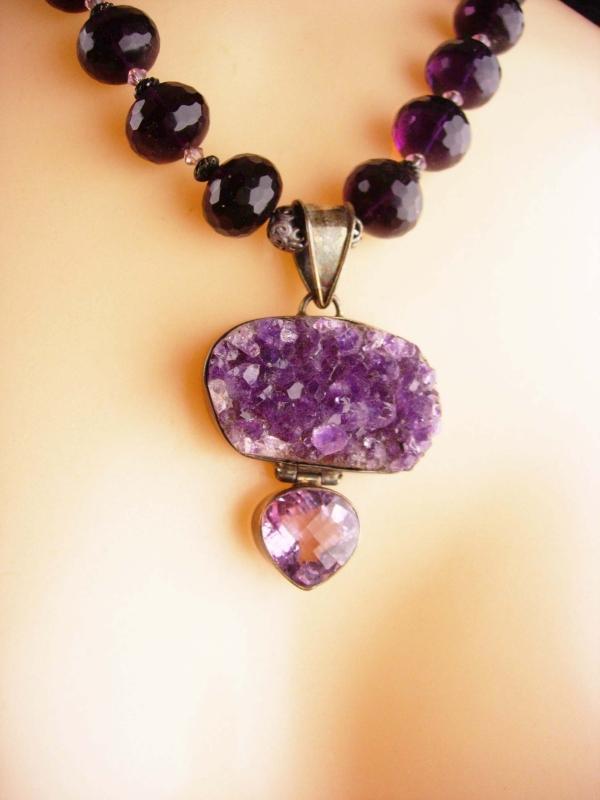 125 CT Amethyst necklace - huge statement heart pendant - ooak - purple faceted beads