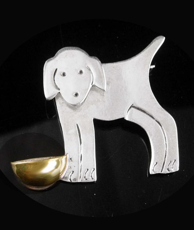 Vintage Sterling Dog brooch - silver puppy with bowl - mexican jewelry - signed pin - dog lover gift