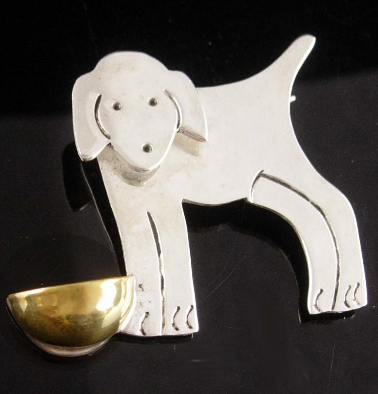 Vintage Sterling Dog brooch - silver puppy with bowl - mexican jewelry - signed pin - dog lover gift