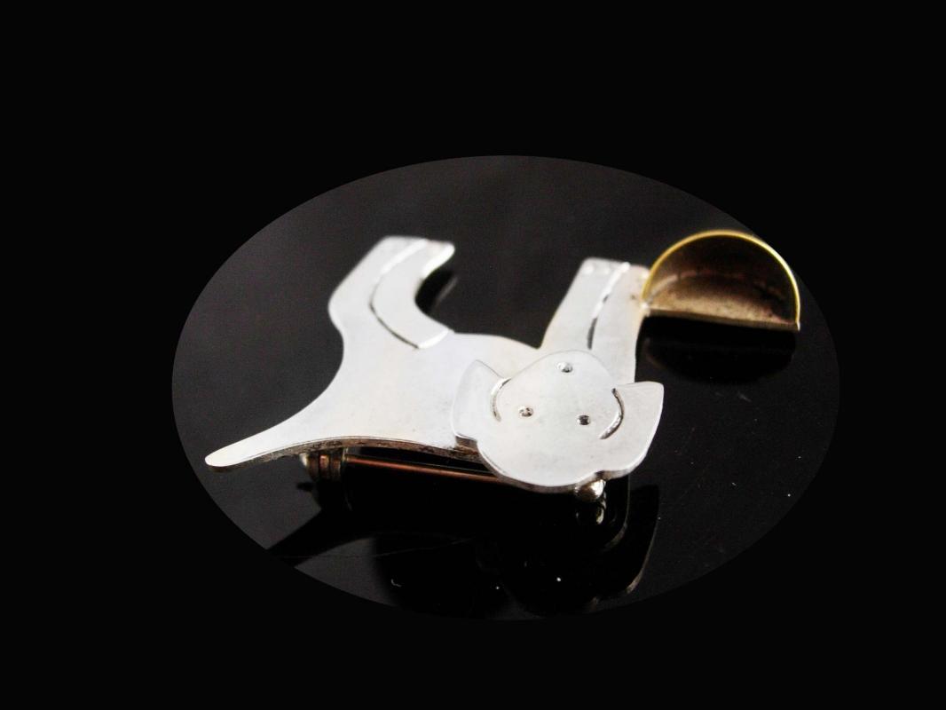 Vintage Sterling Dog brooch - silver puppy with bowl - mexican jewelry - signed pin - dog lover gift