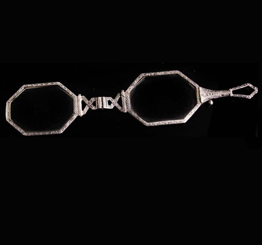 Antique 935 silver folding lorgnette spectacles - Victorian Chatelaine glasses - ornate etchings