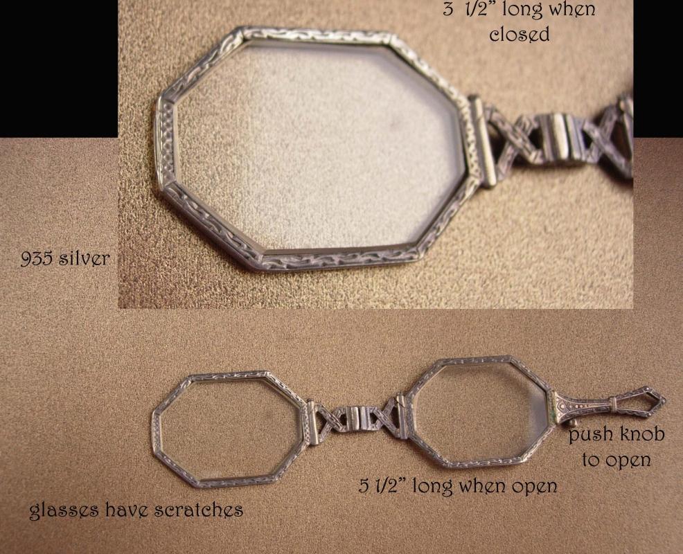 Antique 935 silver folding lorgnette spectacles - Victorian Chatelaine glasses - ornate etchings