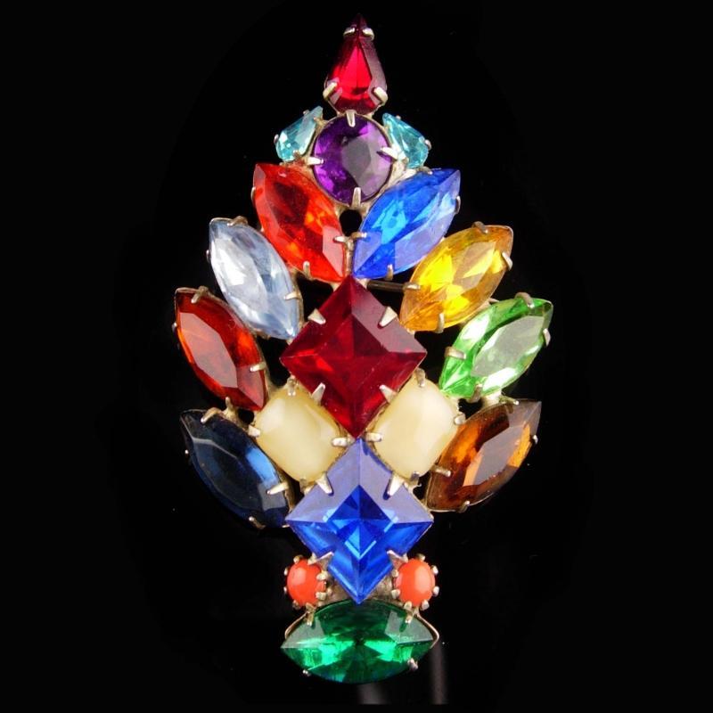1950's Christmas Tree Brooch - chunky baguettes - multi color pin - Unusual design - 2 3/4