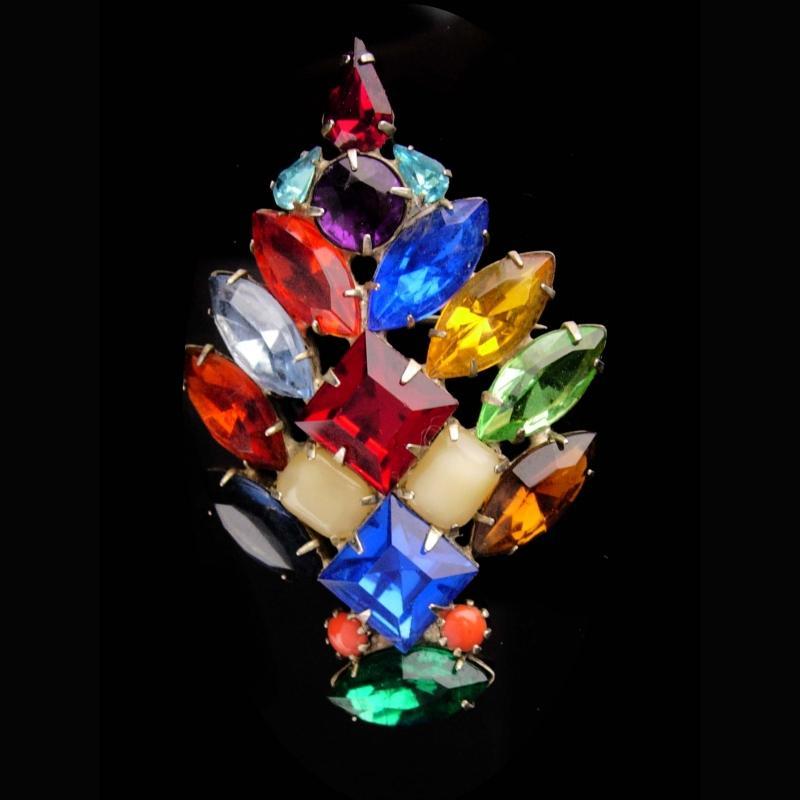 1950's Christmas Tree Brooch - chunky baguettes - multi color pin - Unusual design - 2 3/4