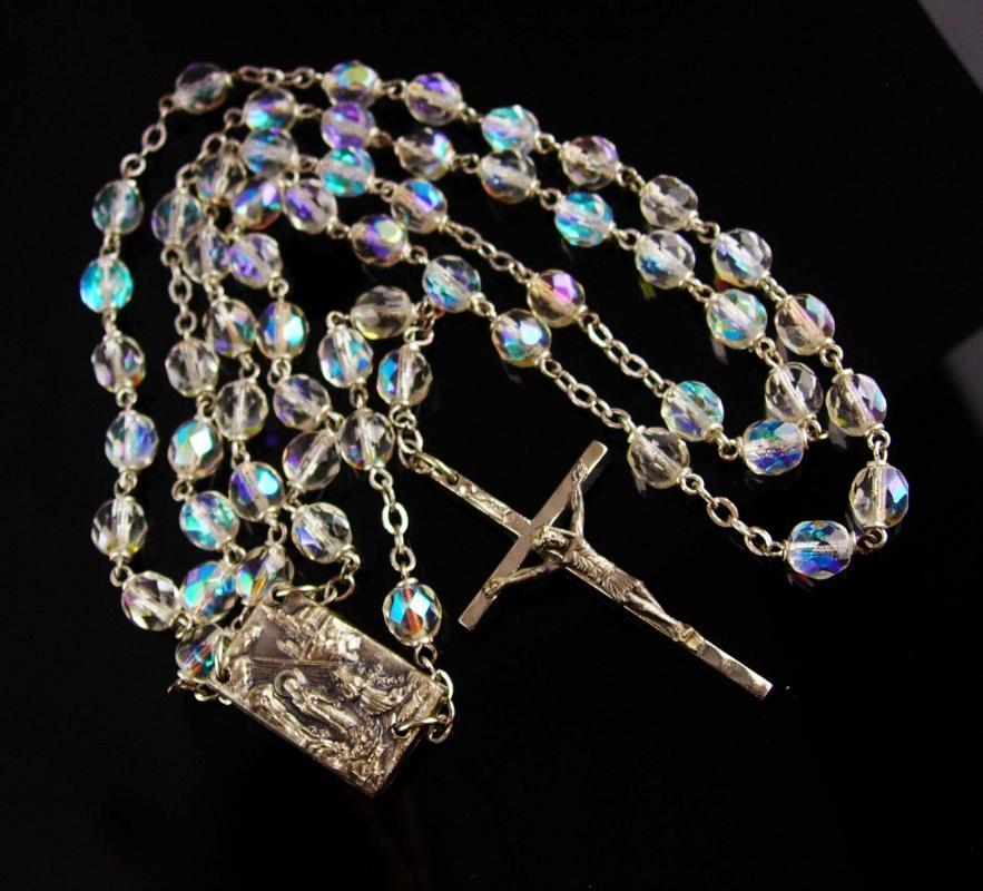 Vintage Rosary - Aurora Borealis Crystal beads - holy water - Sacred Heart religious gift - silver Crucifix