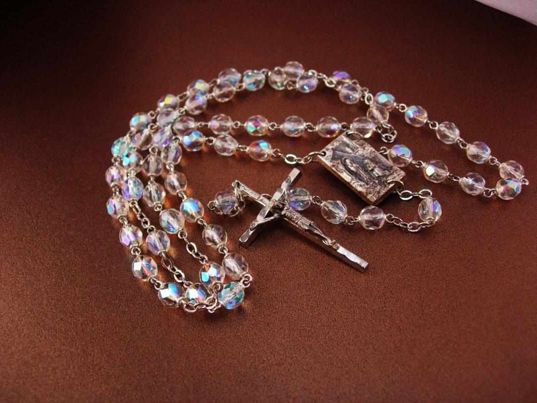 Vintage Rosary - Aurora Borealis Crystal beads - holy water - Sacred Heart religious gift - silver Crucifix