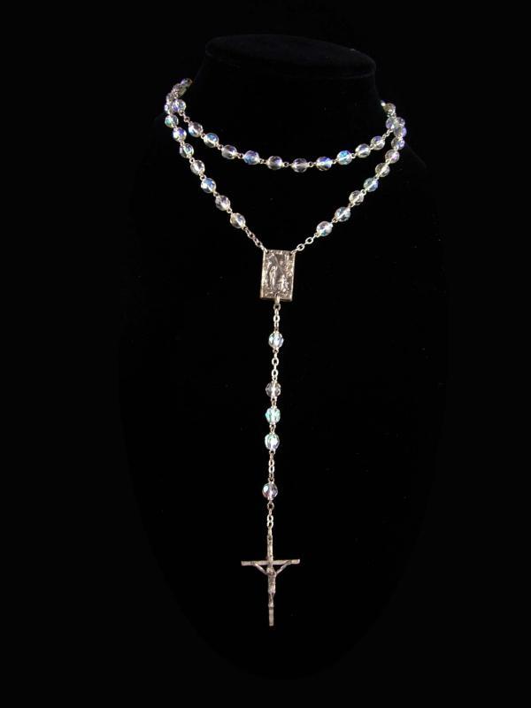 Vintage Rosary - Aurora Borealis Crystal beads - holy water - Sacred Heart religious gift - silver Crucifix