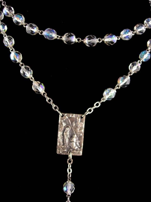 Vintage Rosary - Aurora Borealis Crystal beads - holy water - Sacred Heart religious gift - silver Crucifix