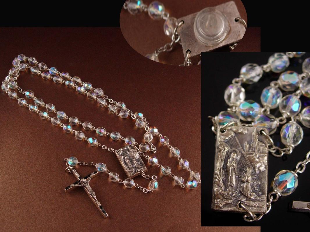 Vintage Rosary - Aurora Borealis Crystal beads - holy water - Sacred Heart religious gift - silver Crucifix